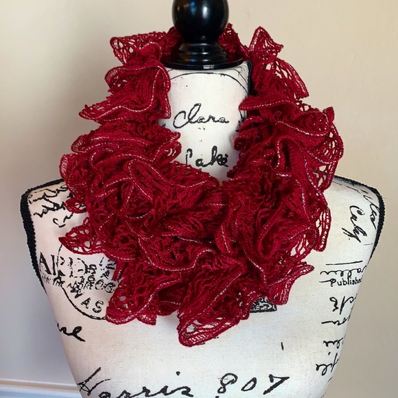 ♥️ Crochet Lace Scarf Maroon/Red w Silver Shimmer - Picture 2 of 7